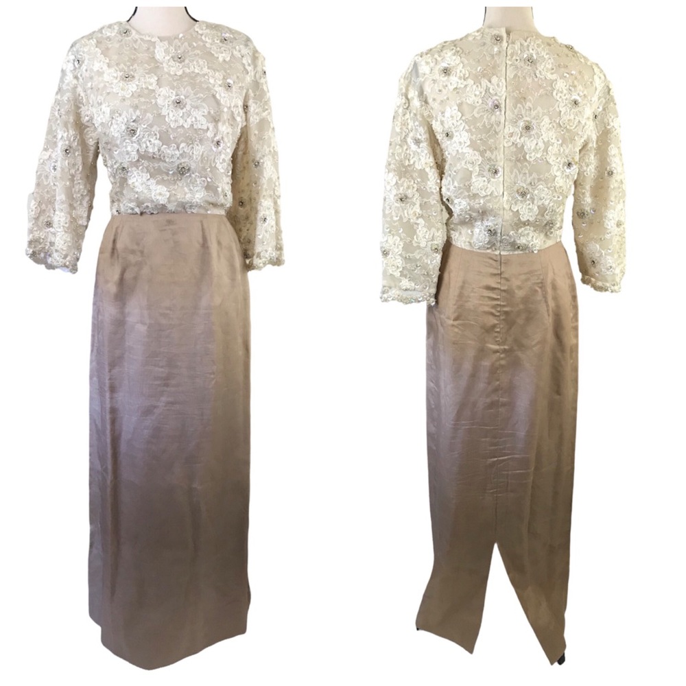 SOLD Vintage 60s Hall Ludlow Gown Sequins Lace Organza Cream Beige Wedding Dress - Picture 4 of 16